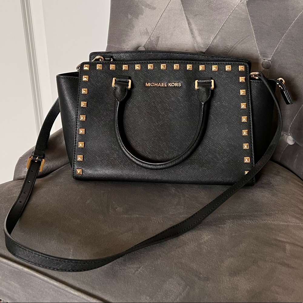 Michael Kors Black Studded Hand Bag with Adjustable/Removable Cross-body Purse